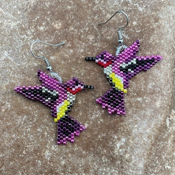 Pink Hummingbird Beaded Earrings, New, Handmade by Me - Picture 3 of 8